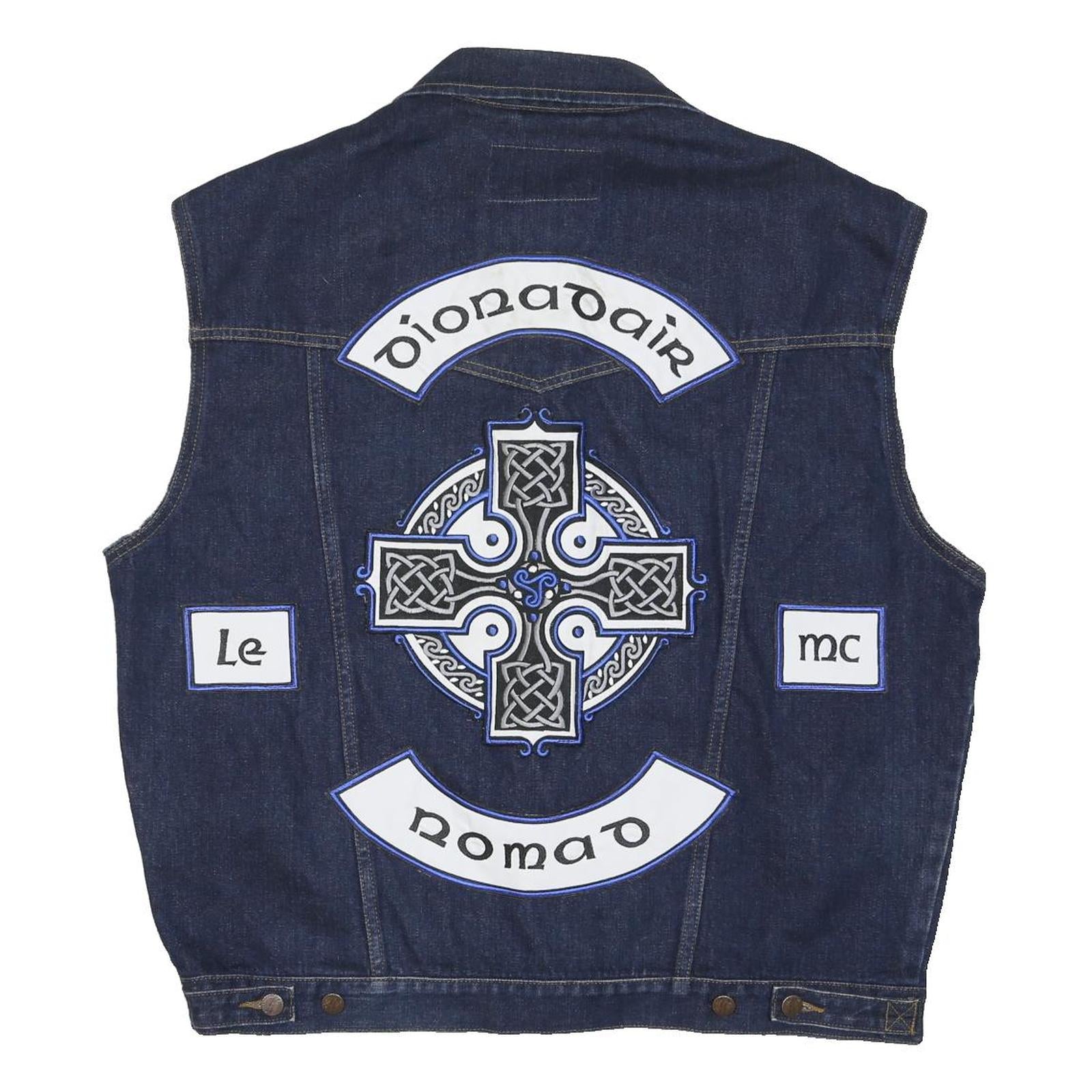 WRANGLER Mens Blue Denim Sleeveless Button Jacket 2XL Cotton Blend Patches