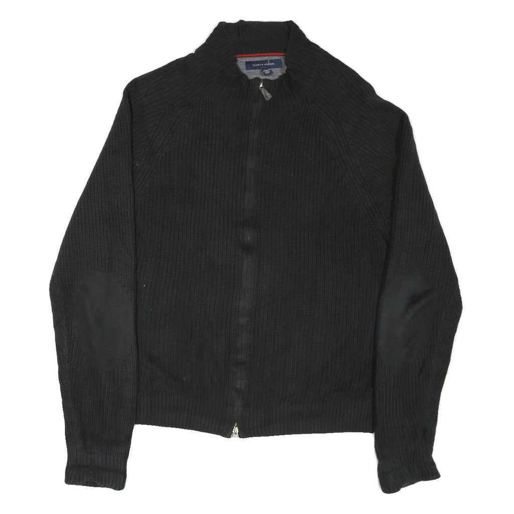 TOMMY HILFIGER Mens Black Heavy Knit Zip Up Jumper Crew Neck XL Cotton Blend