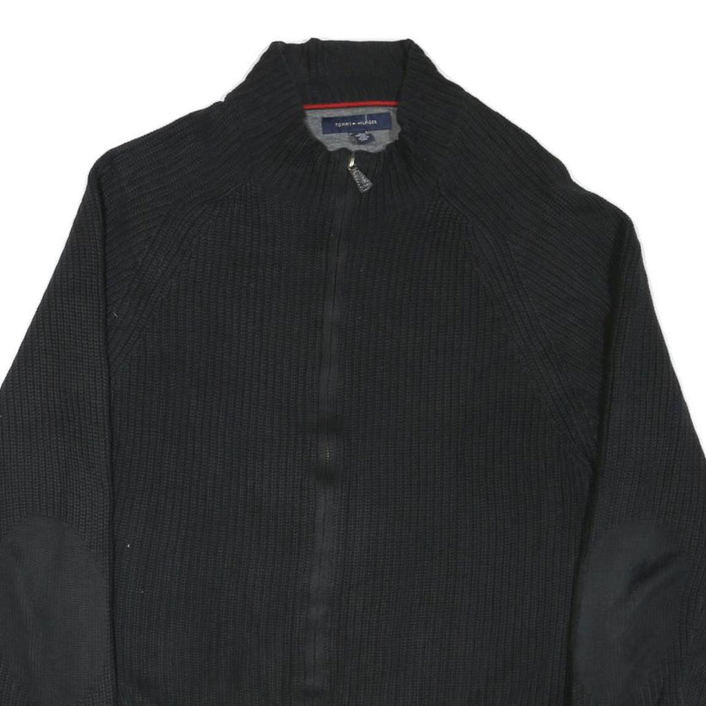 TOMMY HILFIGER Mens Black Heavy Knit Zip Up Jumper Crew Neck XL Cotton Blend