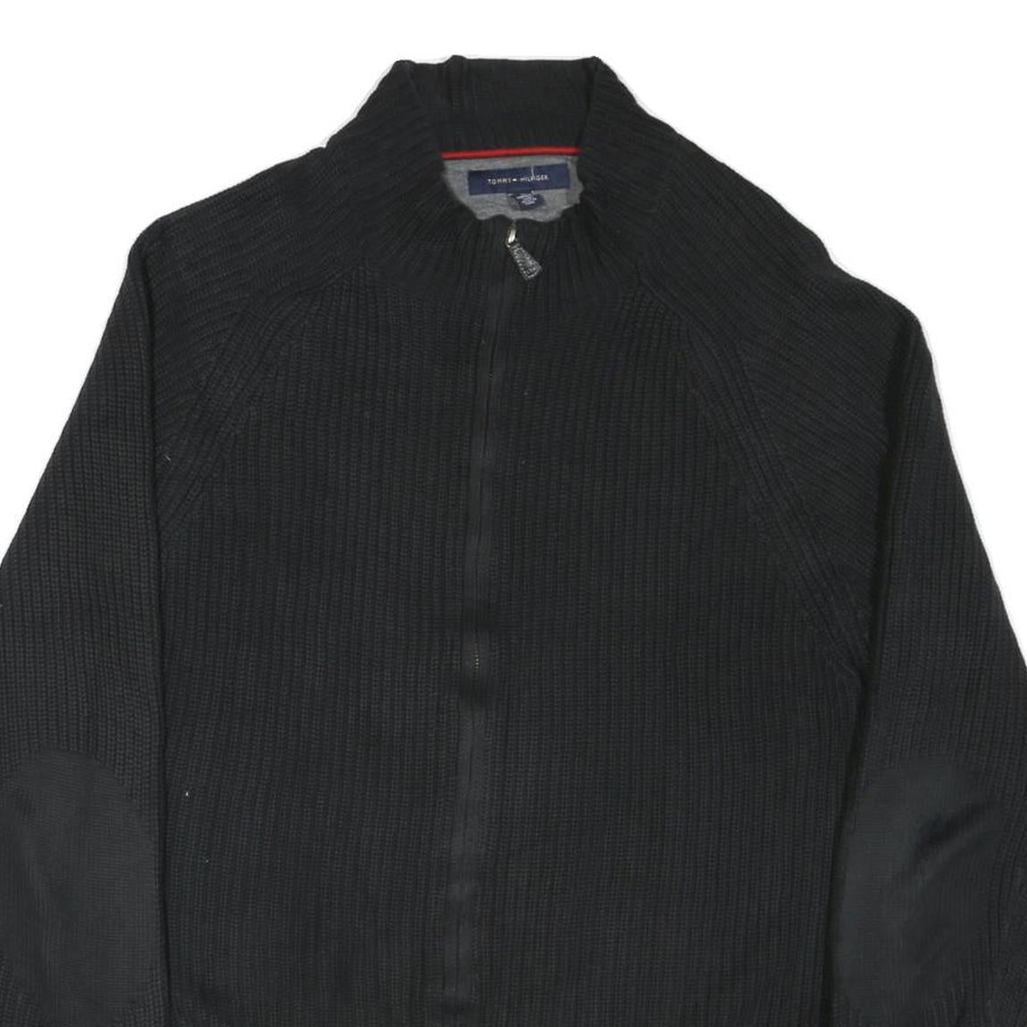 TOMMY HILFIGER Mens Black Heavy Knit Zip Up Jumper Crew Neck XL Cotton Blend