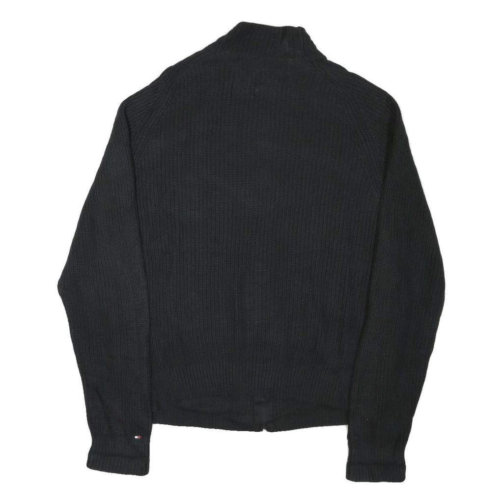 TOMMY HILFIGER Mens Black Heavy Knit Zip Up Jumper Crew Neck XL Cotton Blend