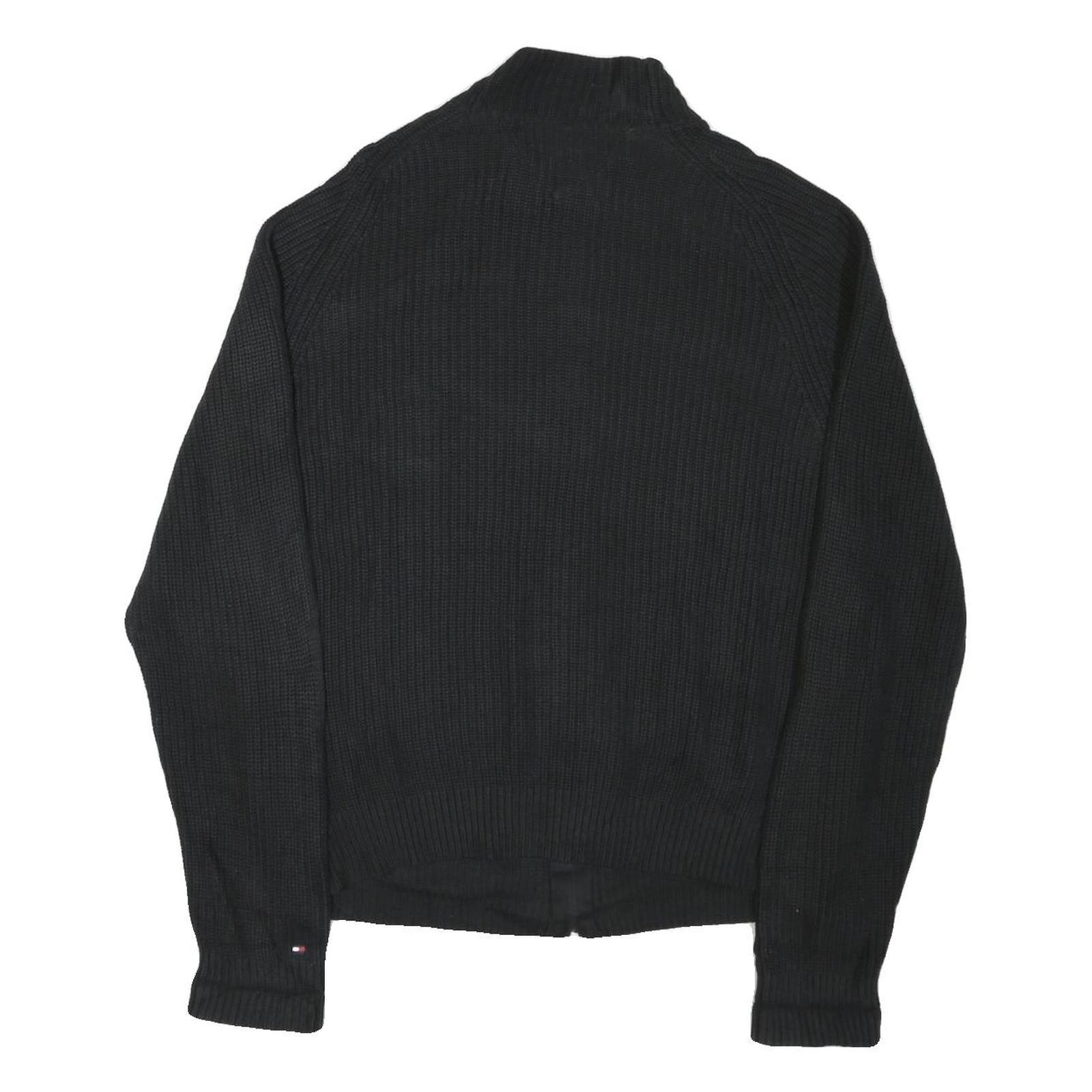 TOMMY HILFIGER Mens Black Heavy Knit Zip Up Jumper Crew Neck XL Cotton Blend