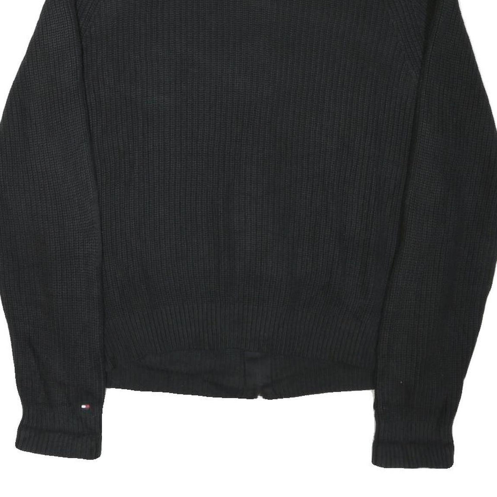 TOMMY HILFIGER Mens Black Heavy Knit Zip Up Jumper Crew Neck XL Cotton Blend