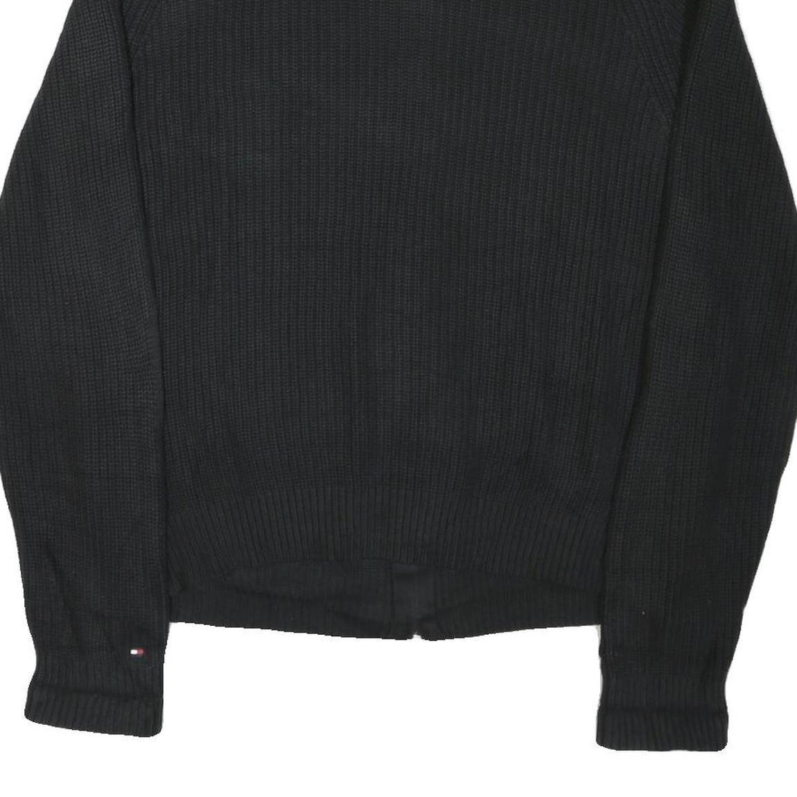 TOMMY HILFIGER Mens Black Heavy Knit Zip Up Jumper Crew Neck XL Cotton Blend