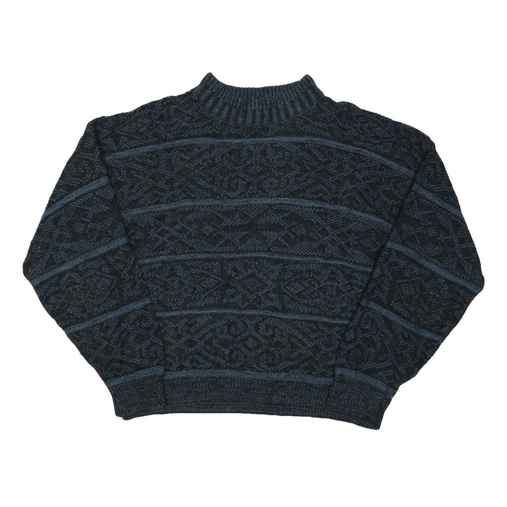Mens Blue Patterned Jumper Crew Neck Basic Knit Regular L Cotton Blend Casual