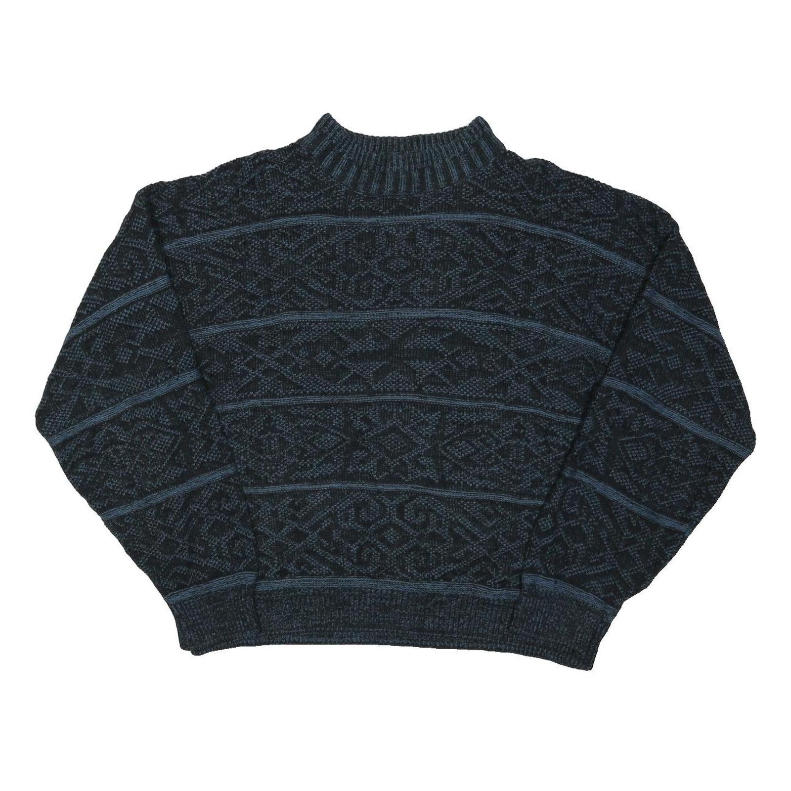 Mens Blue Patterned Jumper Crew Neck Basic Knit Regular L Cotton Blend Casual
