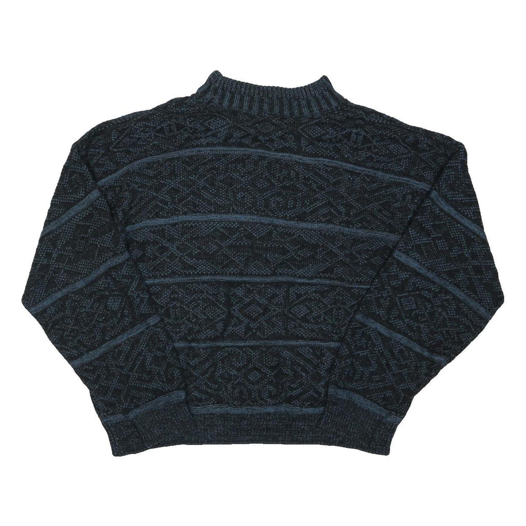 Mens Blue Patterned Jumper Crew Neck Basic Knit Regular L Cotton Blend Casual