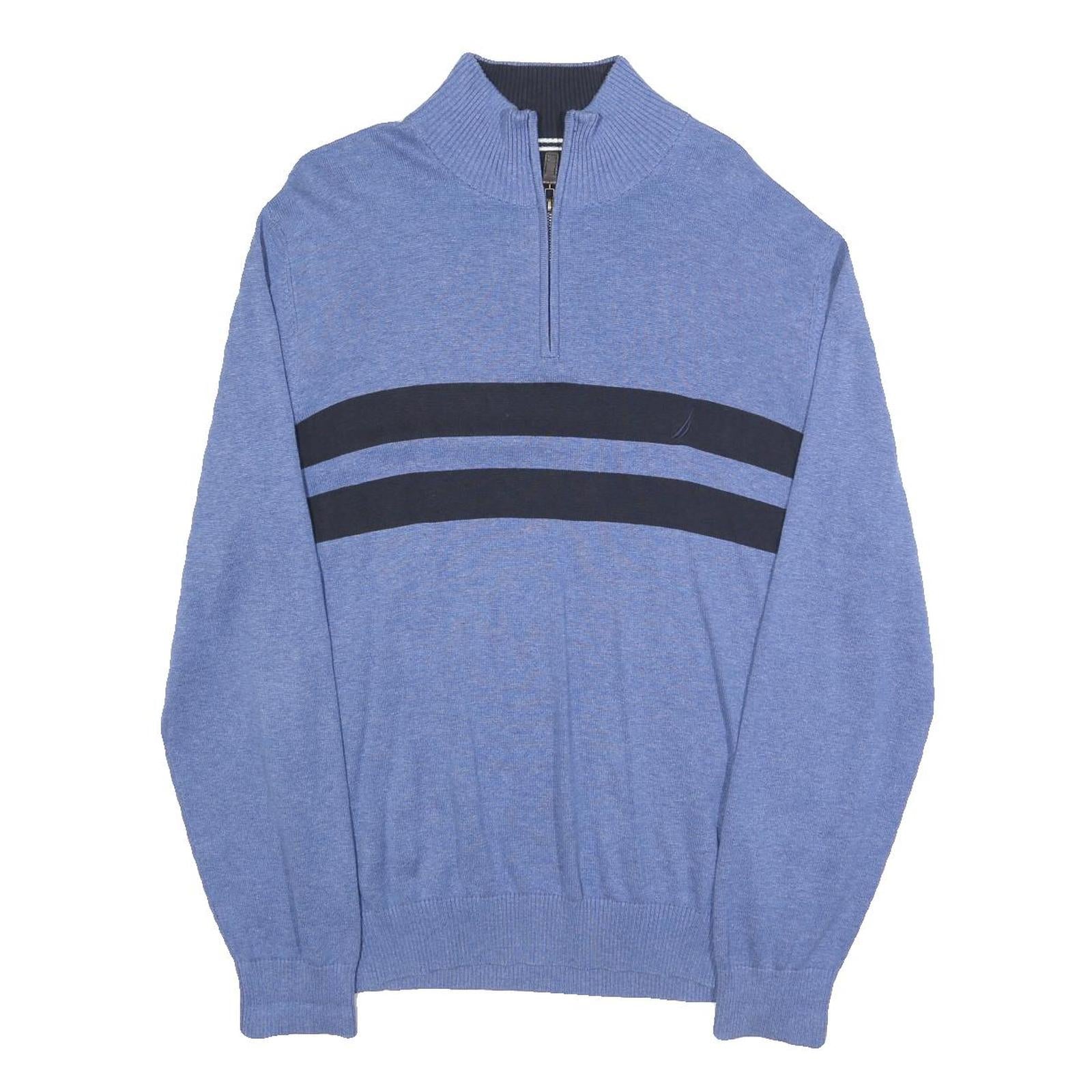 NAUTICA Mens Blue & Black Patterned Jumper 1/4 Zip Crew Neck Knit XL Cotton