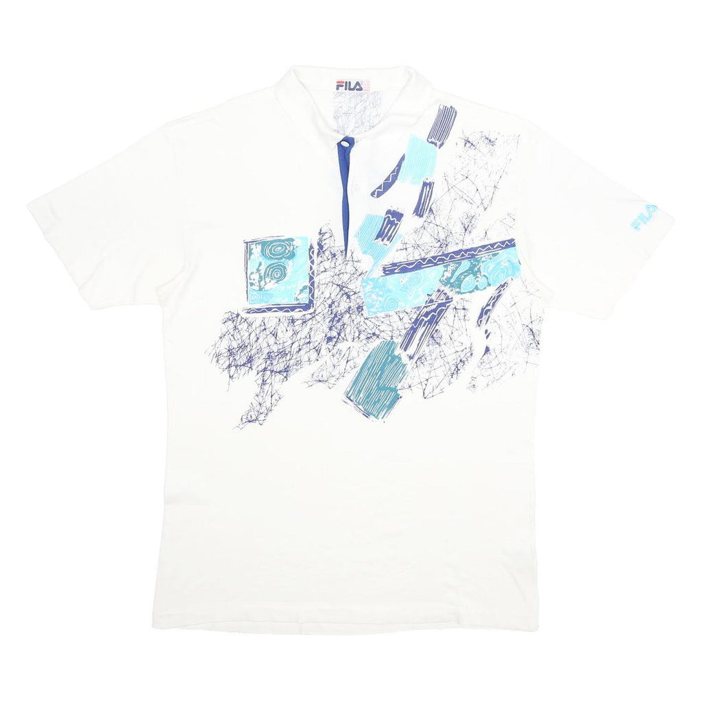 FILA Mens White & Blue Abstract Print Short Sleeve Polo Shirt L Casual Summer