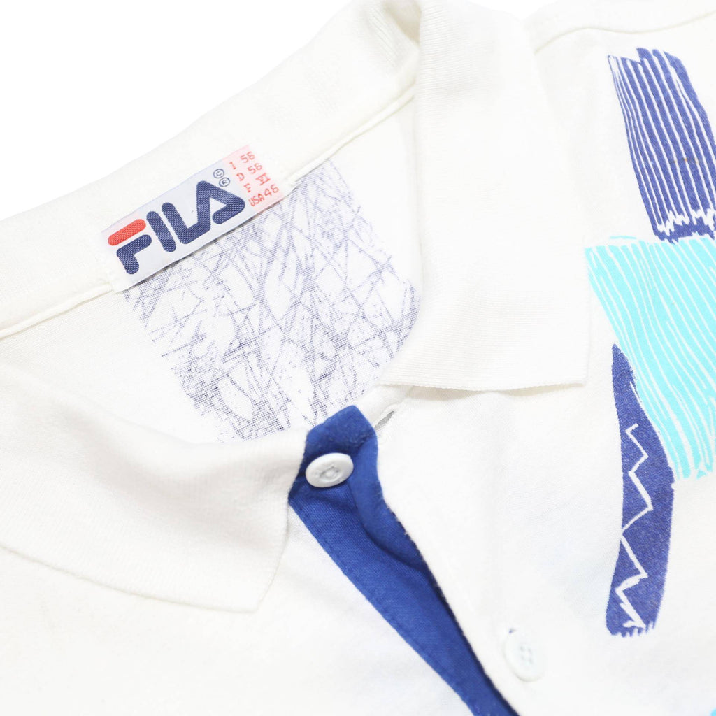 FILA Mens White & Blue Abstract Print Short Sleeve Polo Shirt L Casual Summer