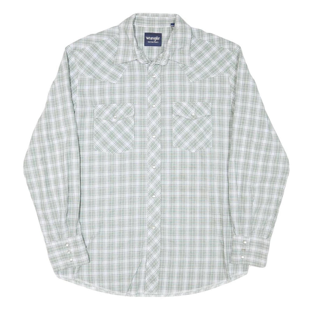 WRANGLER Mens Green & White Checked Western Shirt L Cotton Blend Long Sleeve