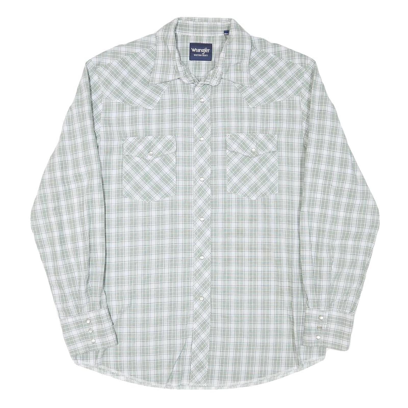 WRANGLER Mens Green & White Checked Western Shirt L Cotton Blend Long Sleeve
