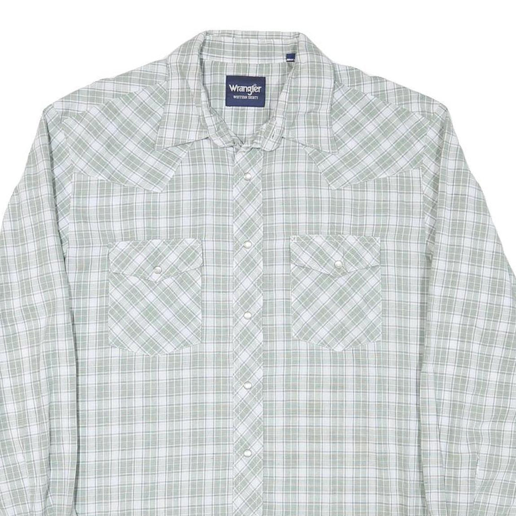 WRANGLER Mens Green & White Checked Western Shirt L Cotton Blend Long Sleeve