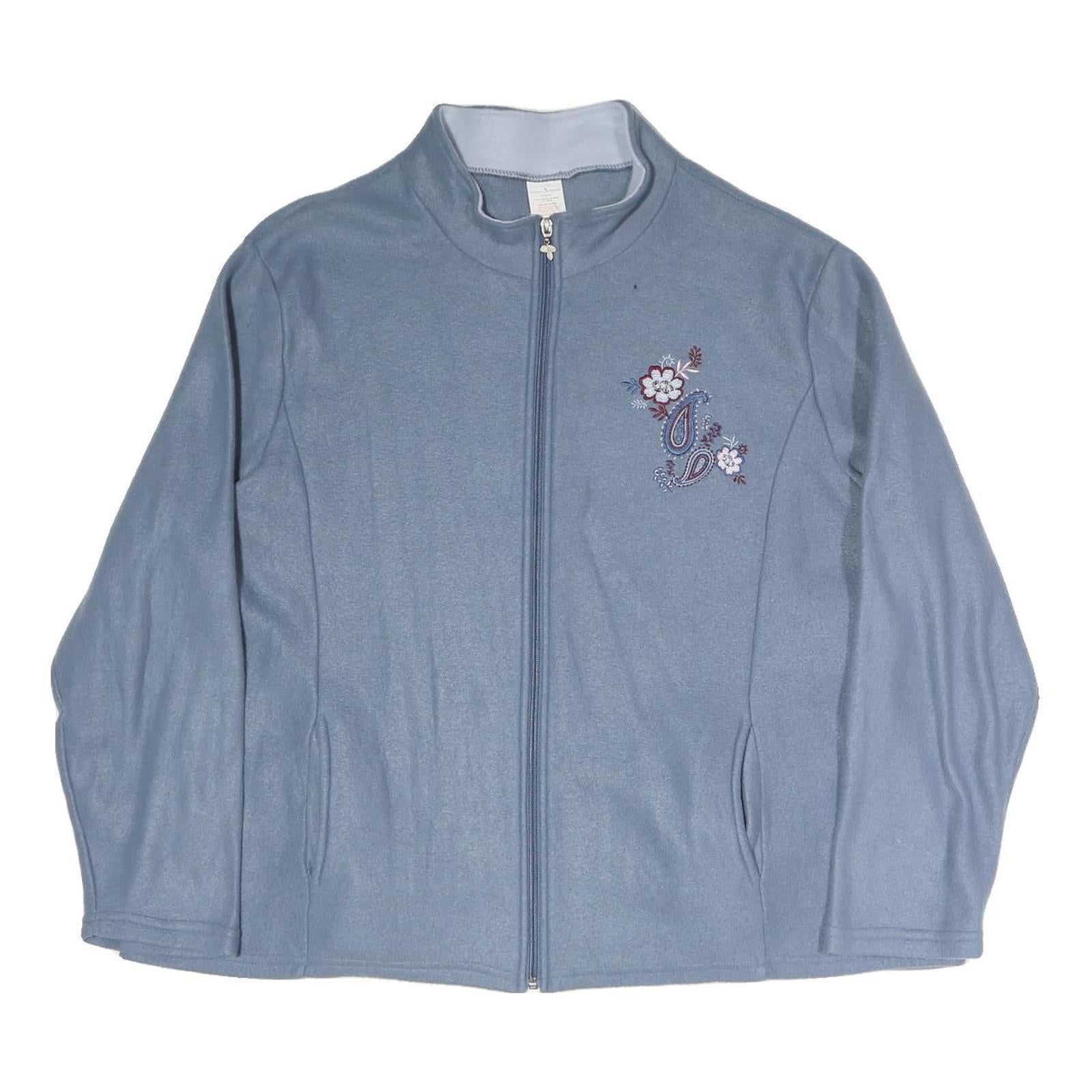 Womens Blue Polyester Blend Zip Jacket XL Plain Floral Embroidered Casual