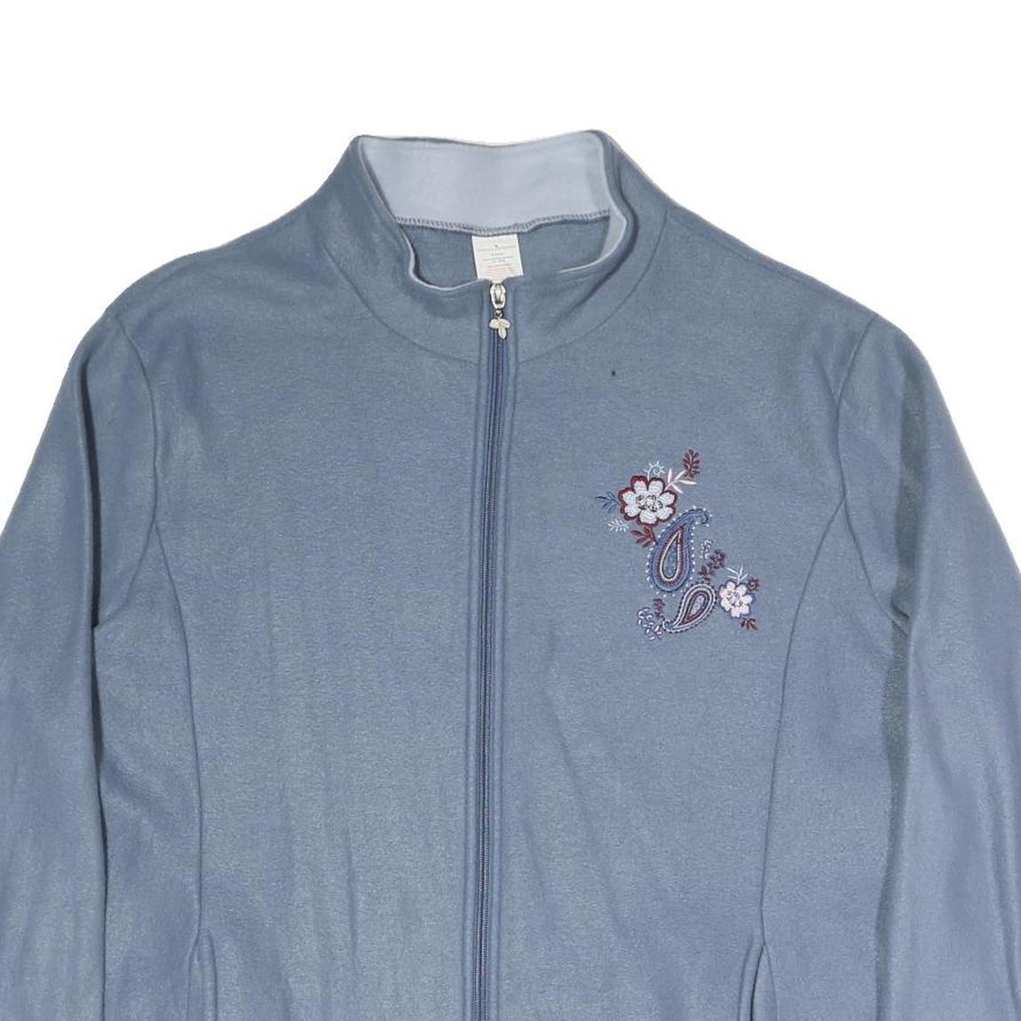Womens Blue Polyester Blend Zip Jacket XL Plain Floral Embroidered Casual