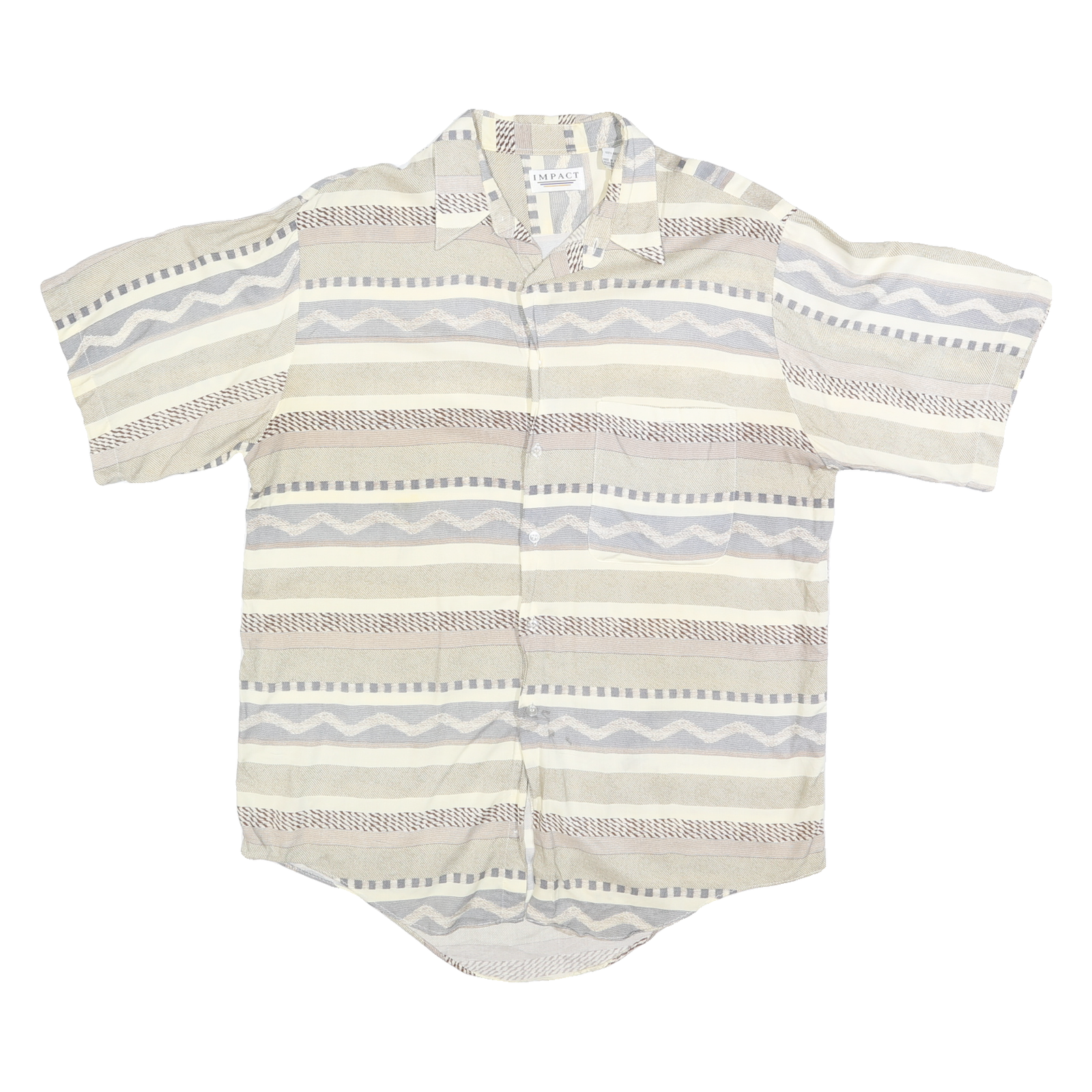 IMPACT Mens Beige & Grey Abstract Pattern Rayon Shirt L Casual Summer Button