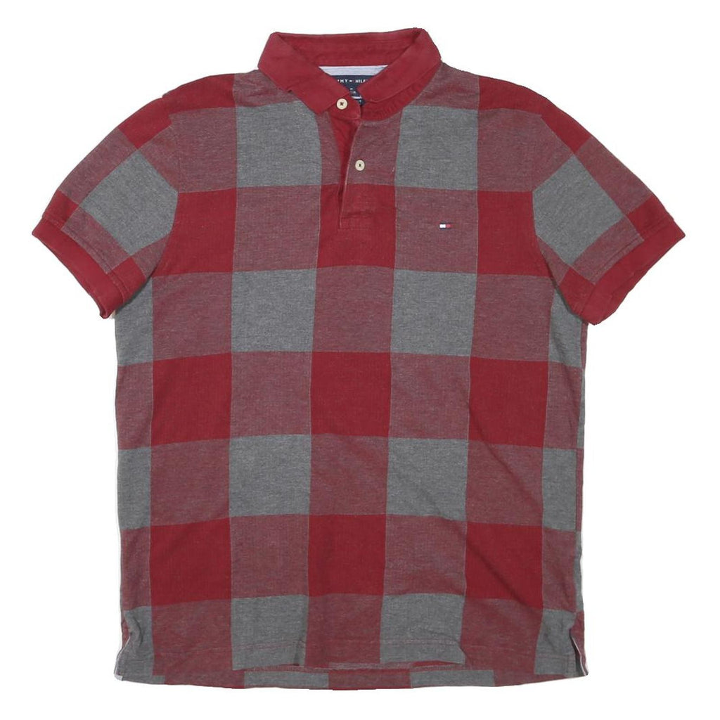 TOMMY HILFIGER Mens Red & Grey Check Short Sleeve Polo Shirt M Cotton Blend