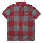 TOMMY HILFIGER Mens Red & Grey Check Short Sleeve Polo Shirt M Cotton Blend
