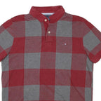 TOMMY HILFIGER Mens Red & Grey Check Short Sleeve Polo Shirt M Cotton Blend