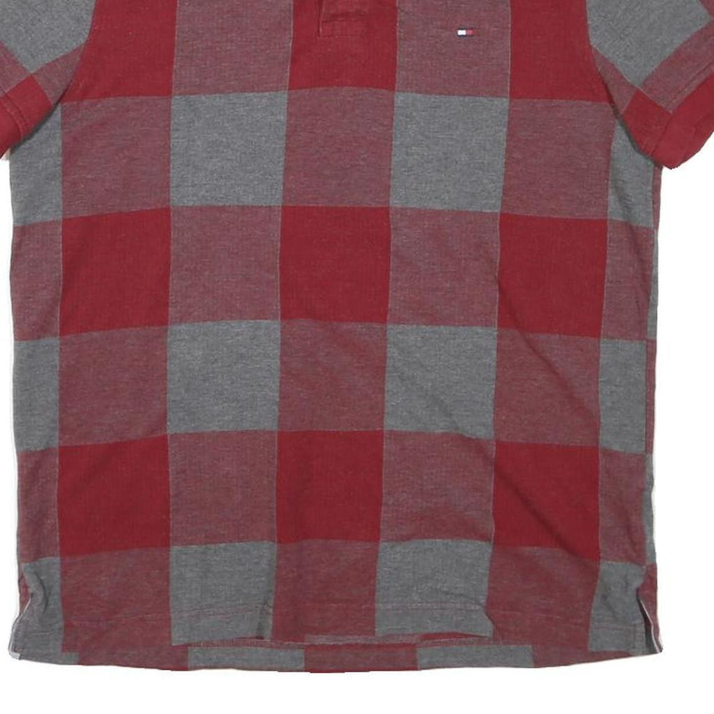 TOMMY HILFIGER Mens Red & Grey Check Short Sleeve Polo Shirt M Cotton Blend