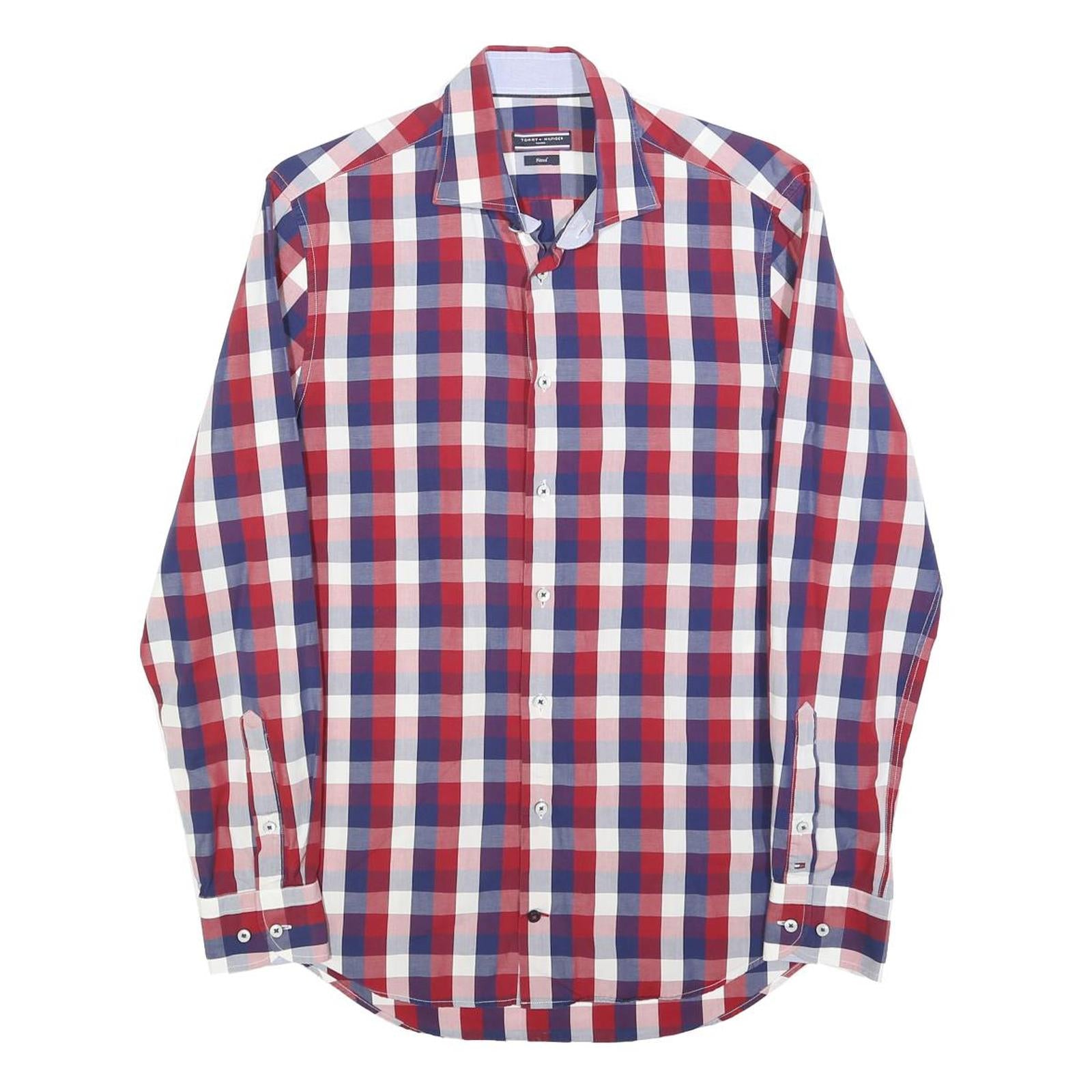 TOMMY HILFIGER Mens Red Blue White Check Shirt S Casual Smart Long Sleeve Cotton
