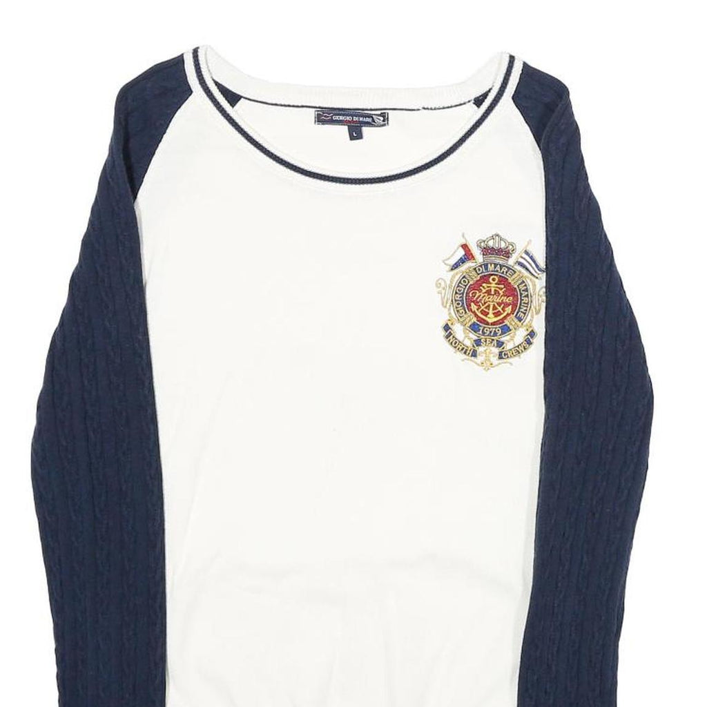 GIORGIO DI MARE Womens White & Navy Patterned Crew Neck Jumper L Cable Knit