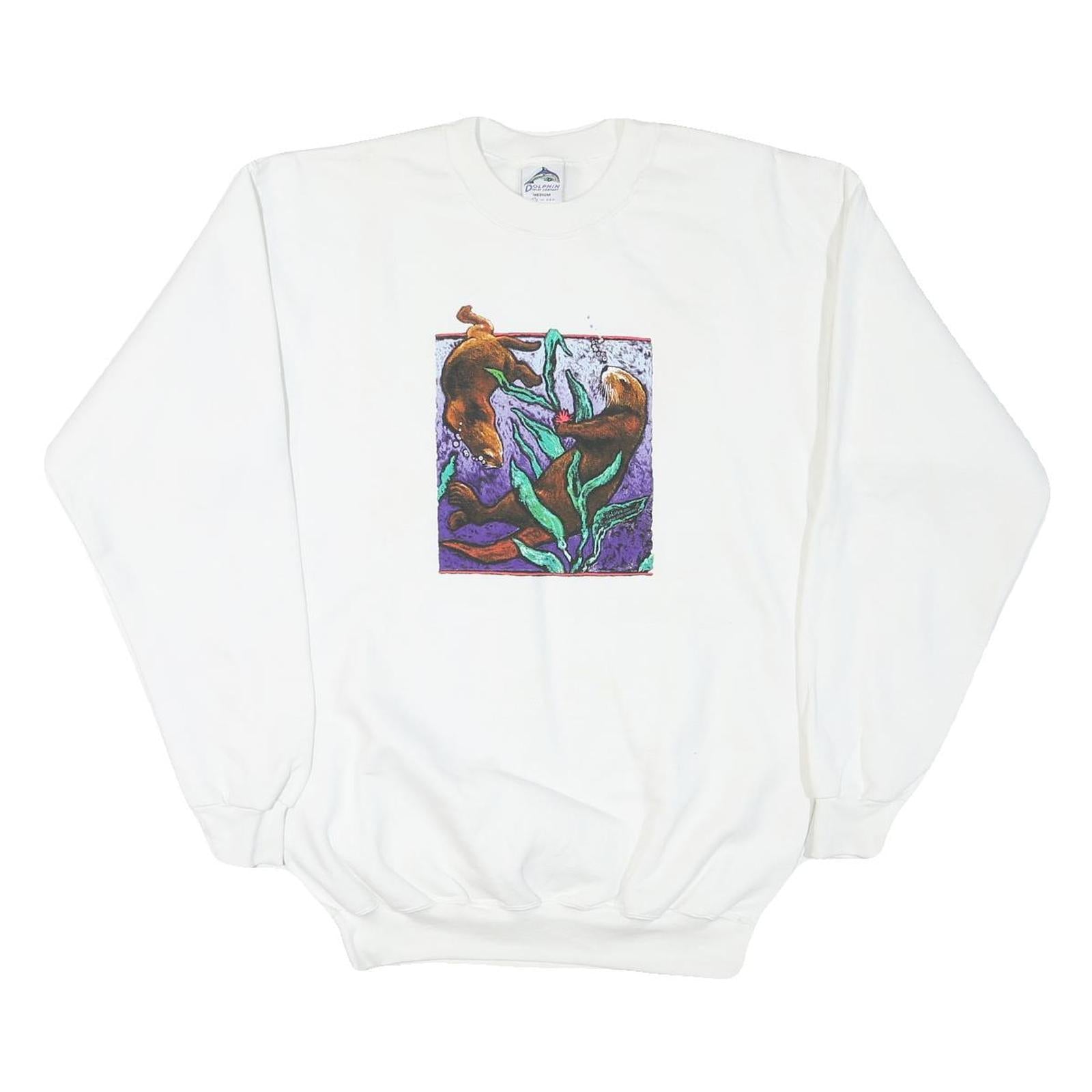 DOLPHIN Womens White Sweatshirt Crew Neck M Otters Graphic Print Cotton Blend