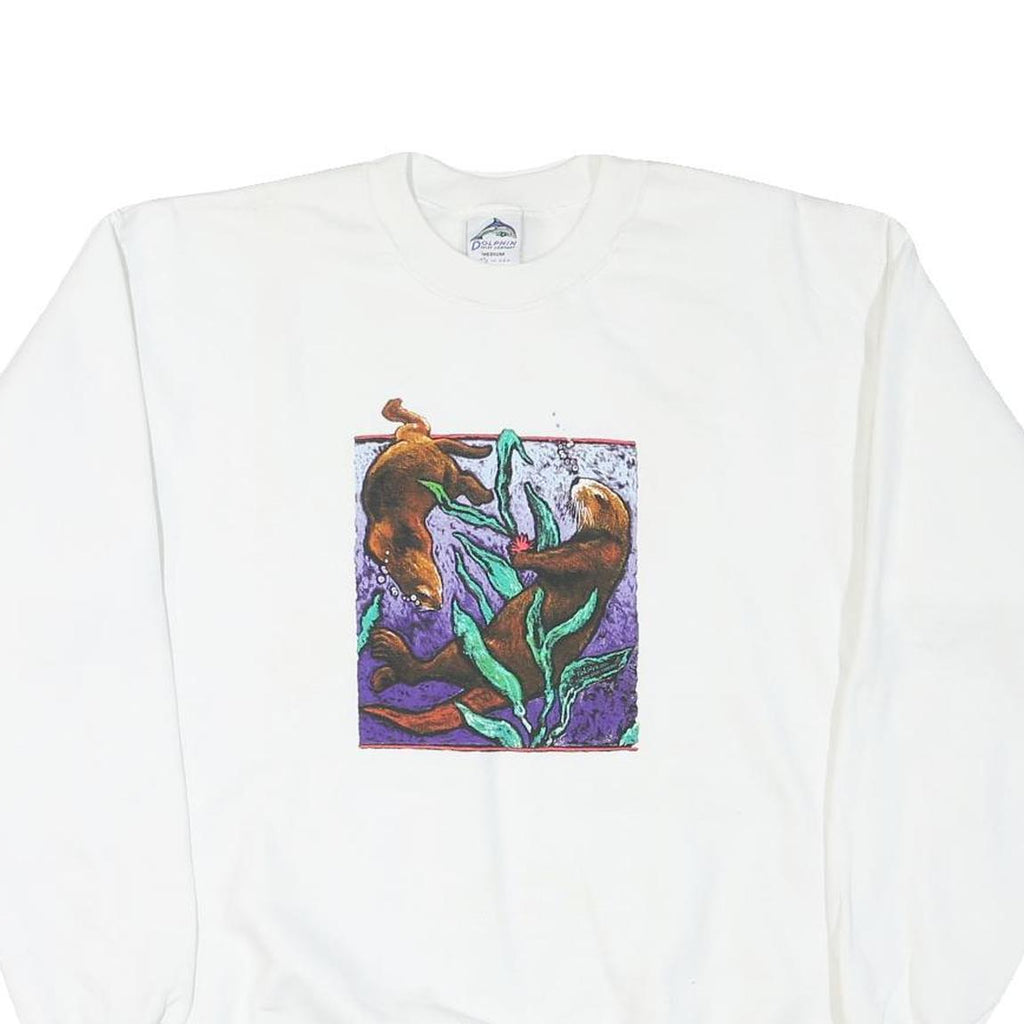 DOLPHIN Womens White Sweatshirt Crew Neck M Otters Graphic Print Cotton Blend