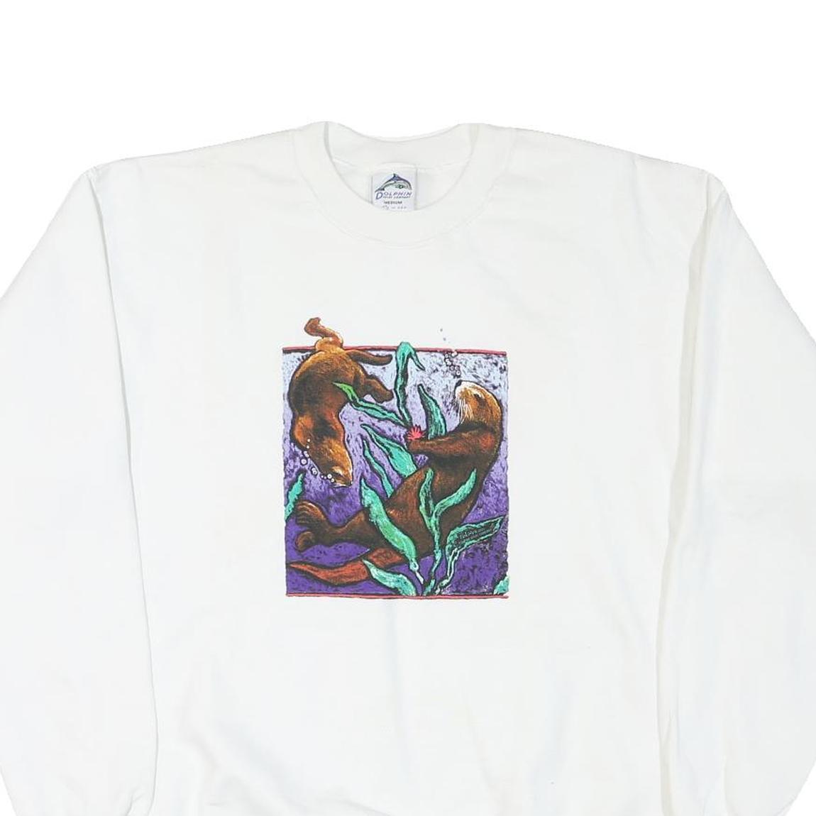 DOLPHIN Womens White Sweatshirt Crew Neck M Otters Graphic Print Cotton Blend