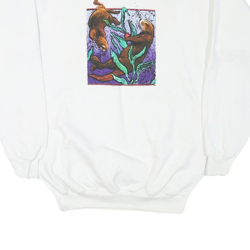 DOLPHIN Womens White Sweatshirt Crew Neck M Otters Graphic Print Cotton Blend