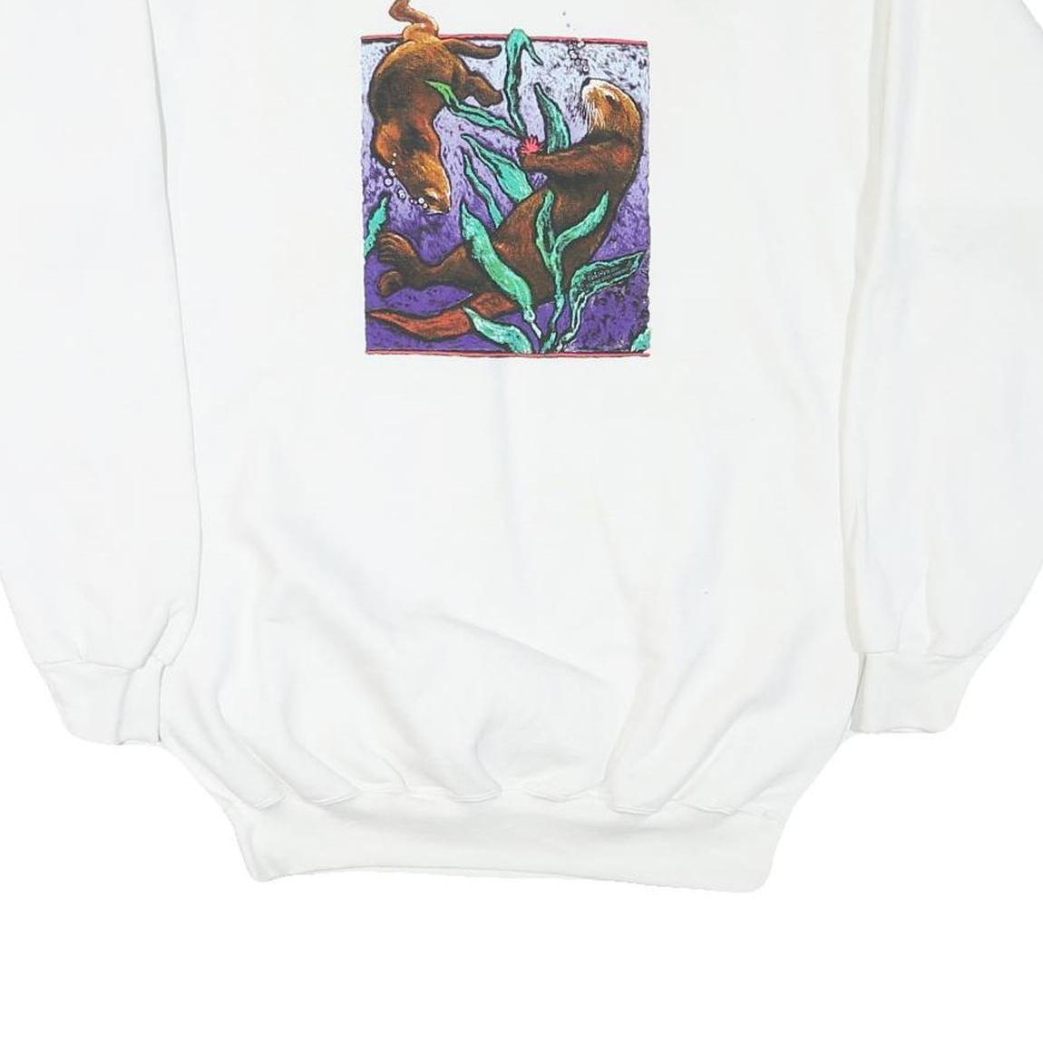DOLPHIN Womens White Sweatshirt Crew Neck M Otters Graphic Print Cotton Blend