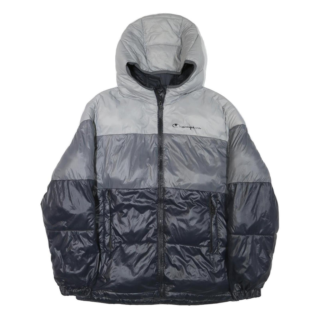 CHAMPION Mens Grey & Navy Puffer Jacket M Polyester Blend Zip Hooded Casual