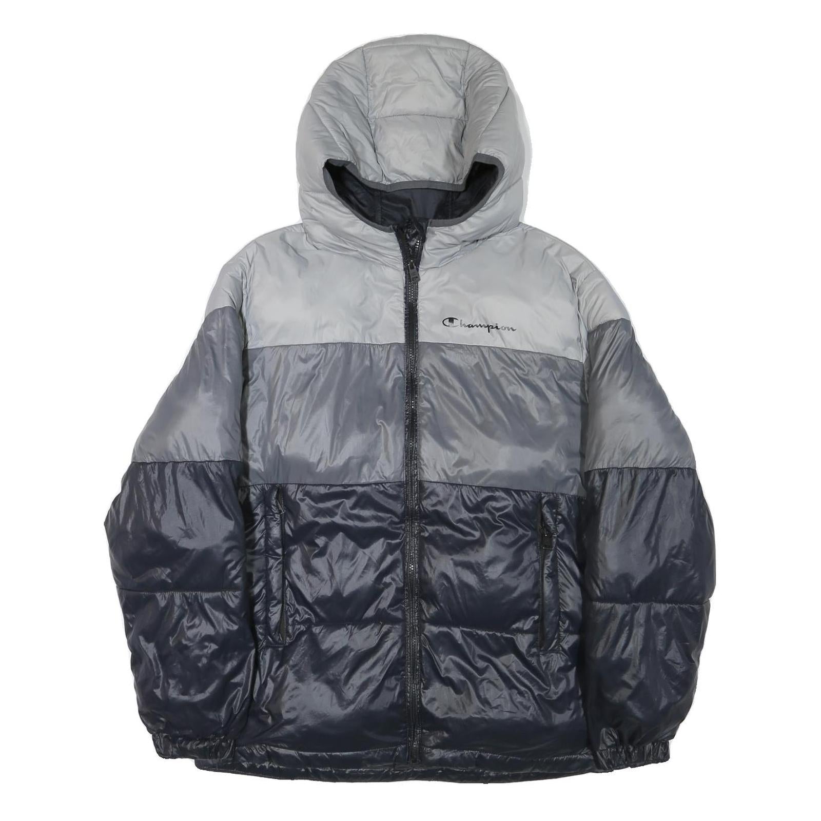 CHAMPION Mens Grey & Navy Puffer Jacket M Polyester Blend Zip Hooded Casual