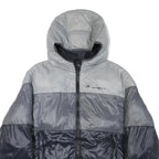 CHAMPION Mens Grey & Navy Puffer Jacket M Polyester Blend Zip Hooded Casual