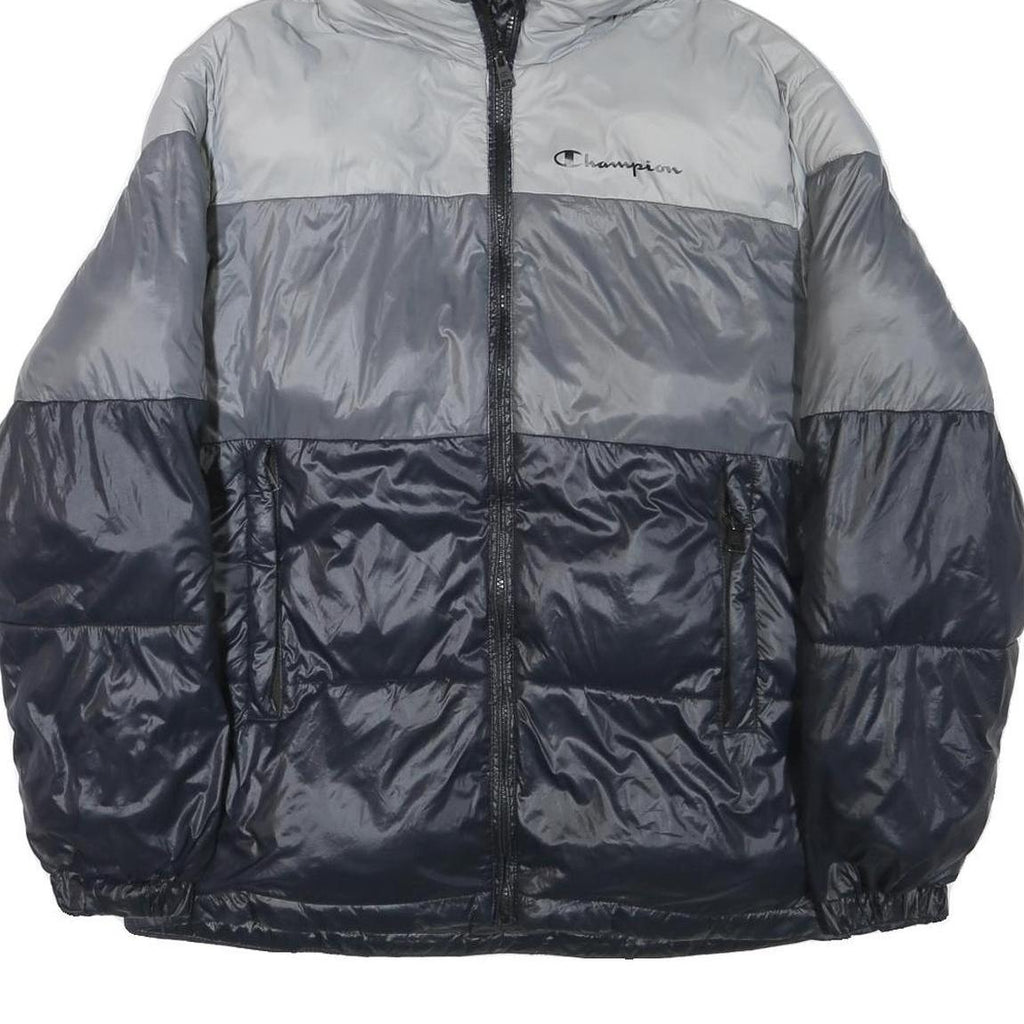 CHAMPION Mens Grey & Navy Puffer Jacket M Polyester Blend Zip Hooded Casual