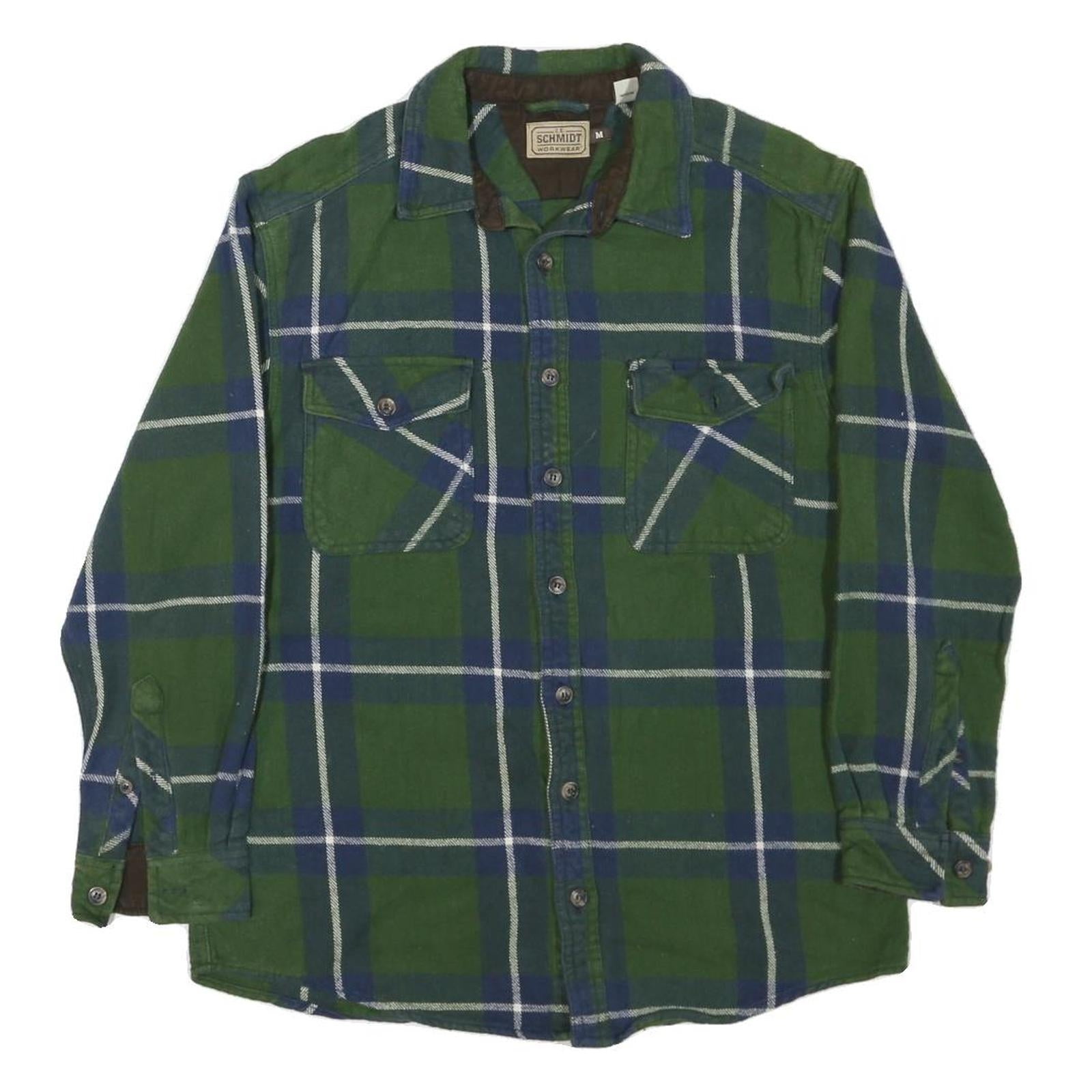 SCHMIDT Mens Green & Blue Check Shirt M Cotton Blend Long Sleeve Workwear
