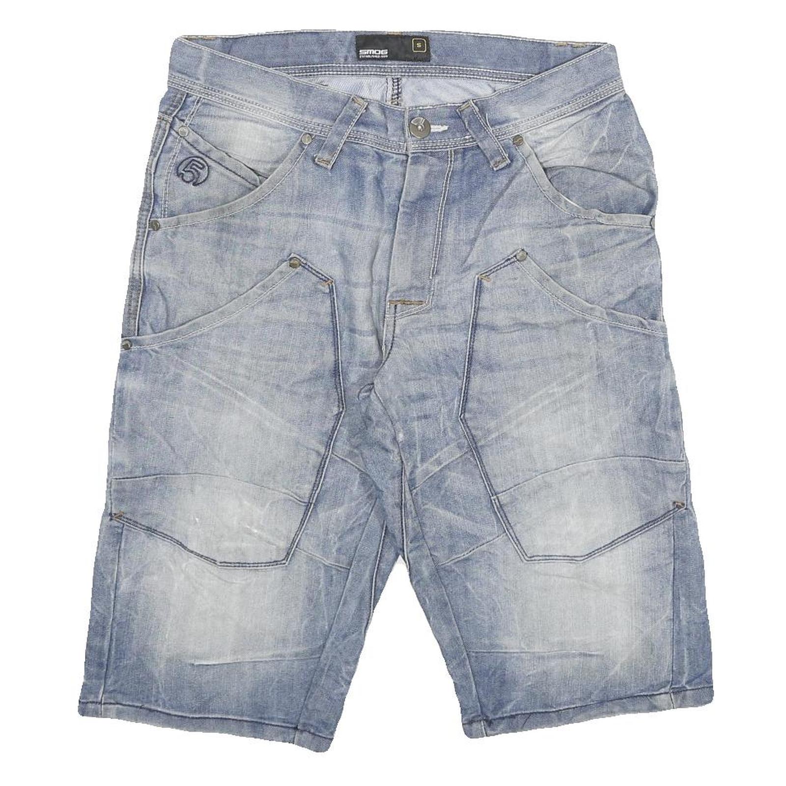 SMOG Mens Cotton Blend Blue Casual Shorts S W30 Denim Look Pockets