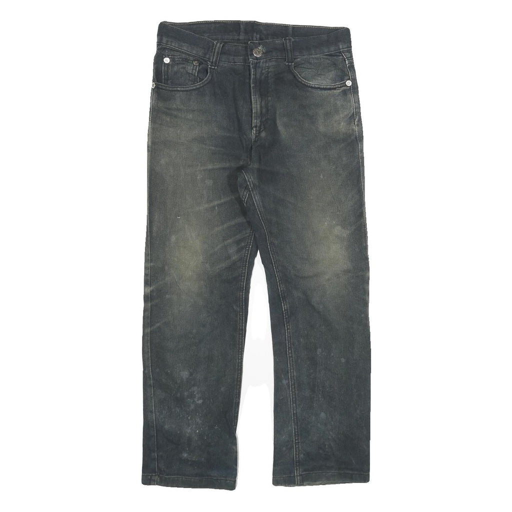 HUO CHE TOU Mens Jeans Black Regular Straight Denim Medium W30 L26 Embroidered