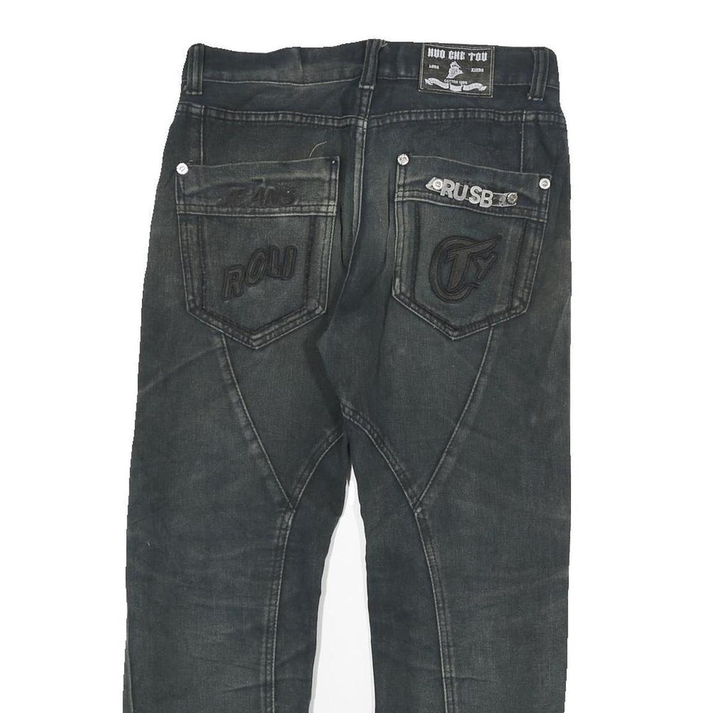 HUO CHE TOU Mens Jeans Black Regular Straight Denim Medium W30 L26 Embroidered