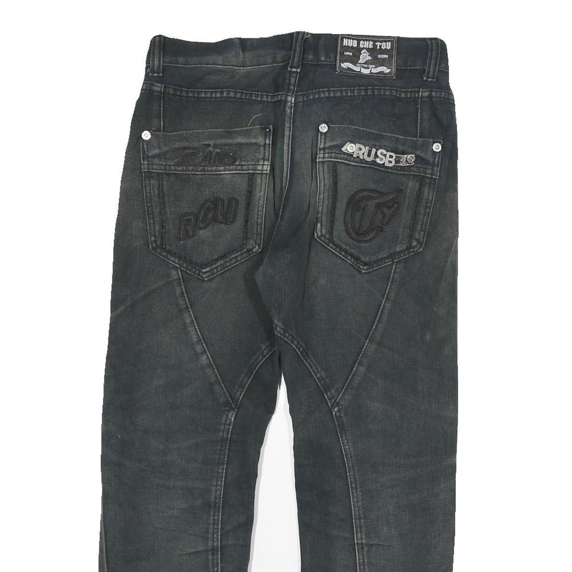 HUO CHE TOU Mens Jeans Black Regular Straight Denim Medium W30 L26 Embroidered