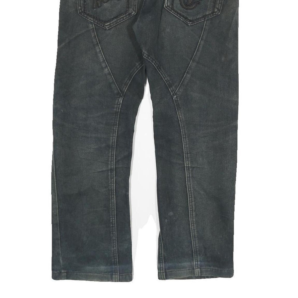 HUO CHE TOU Mens Jeans Black Regular Straight Denim Medium W30 L26 Embroidered