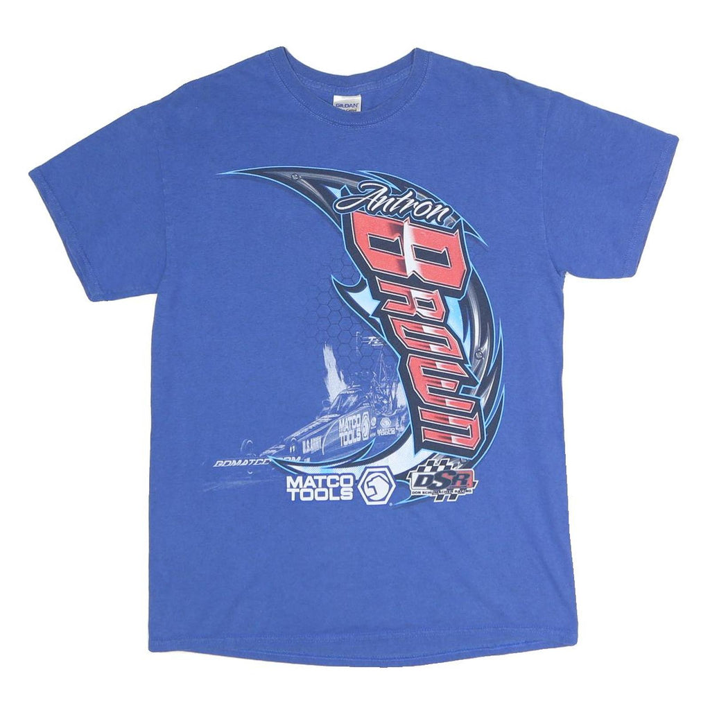 GILDAN Mens Blue Antron Brown Graphic T-Shirt M Short Sleeve Crew Neck Racing
