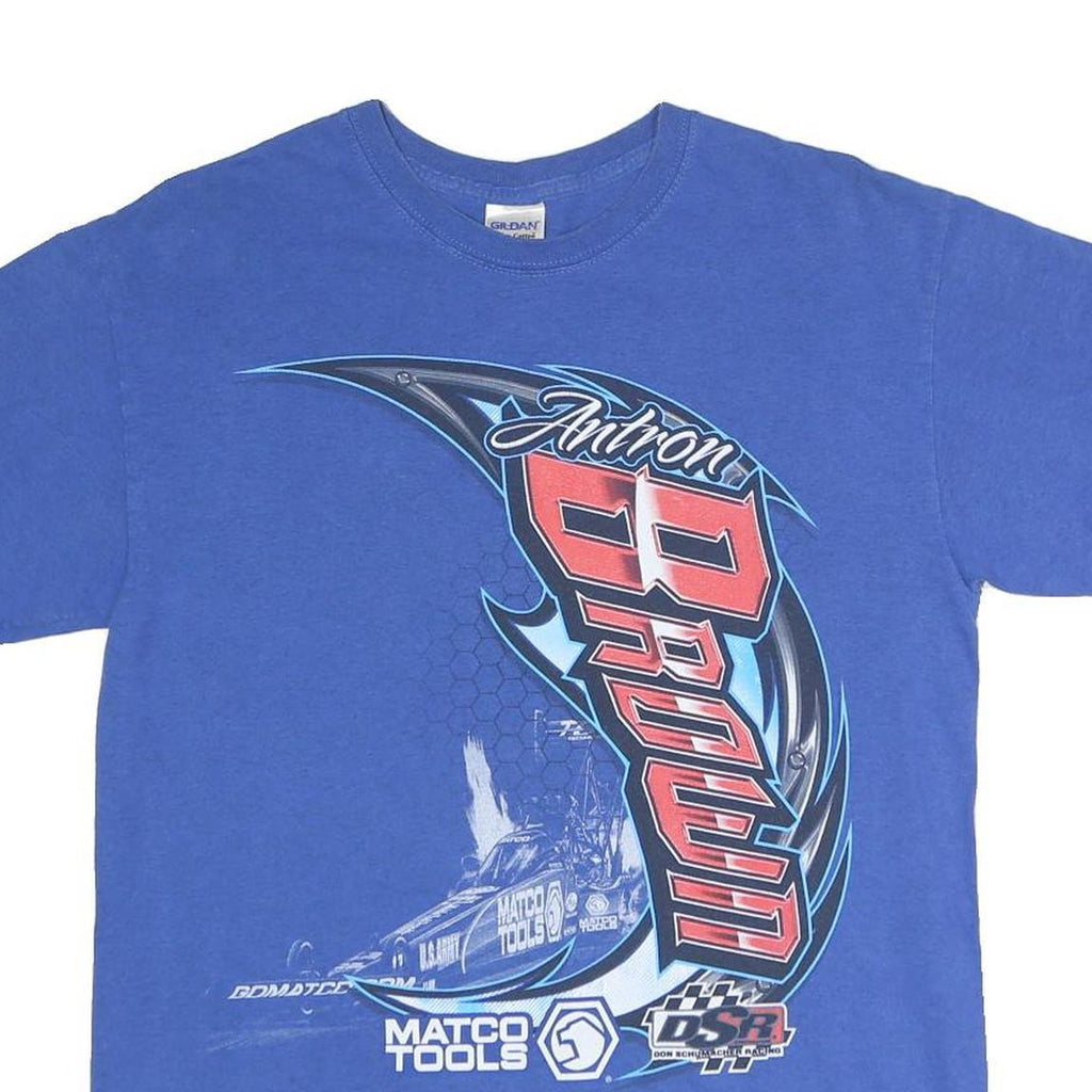 GILDAN Mens Blue Antron Brown Graphic T-Shirt M Short Sleeve Crew Neck Racing