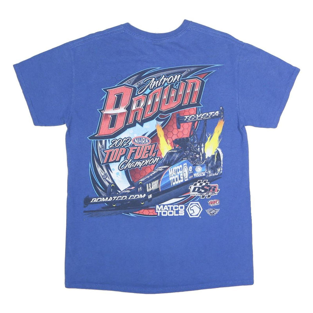 GILDAN Mens Blue Antron Brown Graphic T-Shirt M Short Sleeve Crew Neck Racing