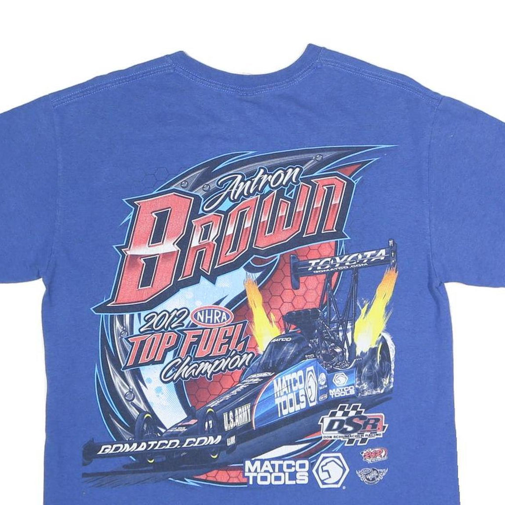 GILDAN Mens Blue Antron Brown Graphic T-Shirt M Short Sleeve Crew Neck Racing