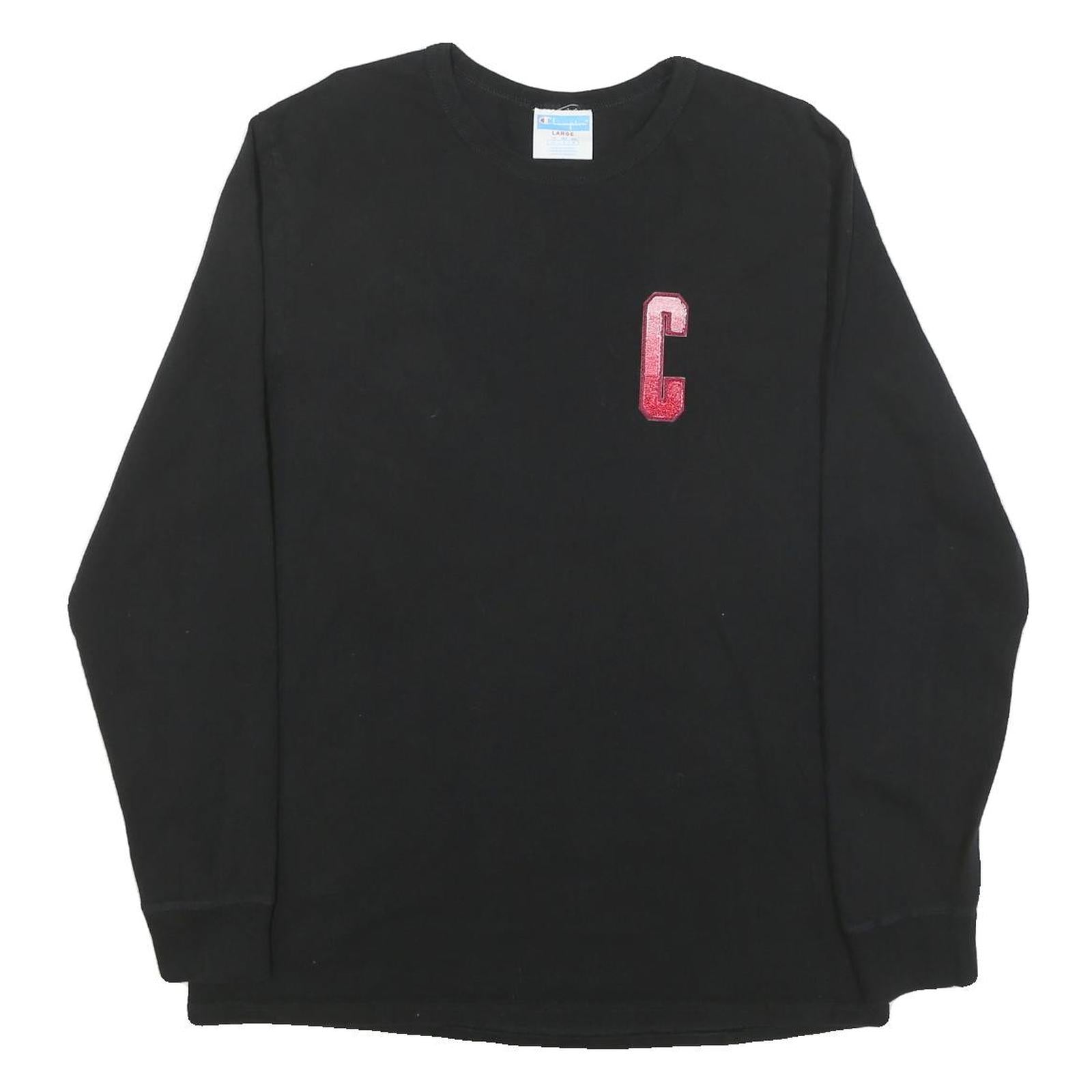 CHAMPION Mens Black Long Sleeve Crew Neck Cotton Blend L Logo T-Shirt