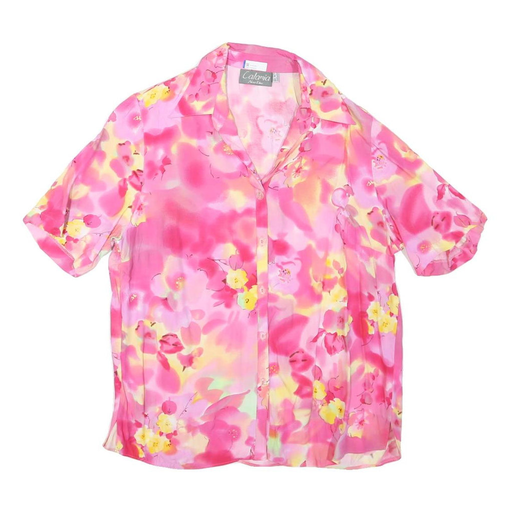 CALANIA Womens Pink Yellow Floral Short Sleeve Button Neck Top UK 16 Summer