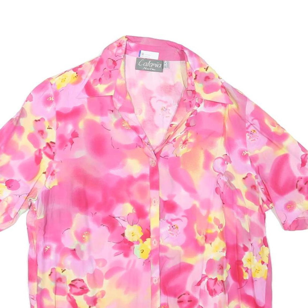 CALANIA Womens Pink Yellow Floral Short Sleeve Button Neck Top UK 16 Summer