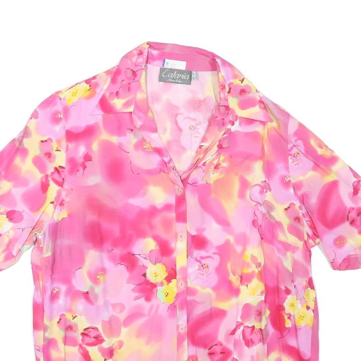 CALANIA Womens Pink Yellow Floral Short Sleeve Button Neck Top UK 16 Summer
