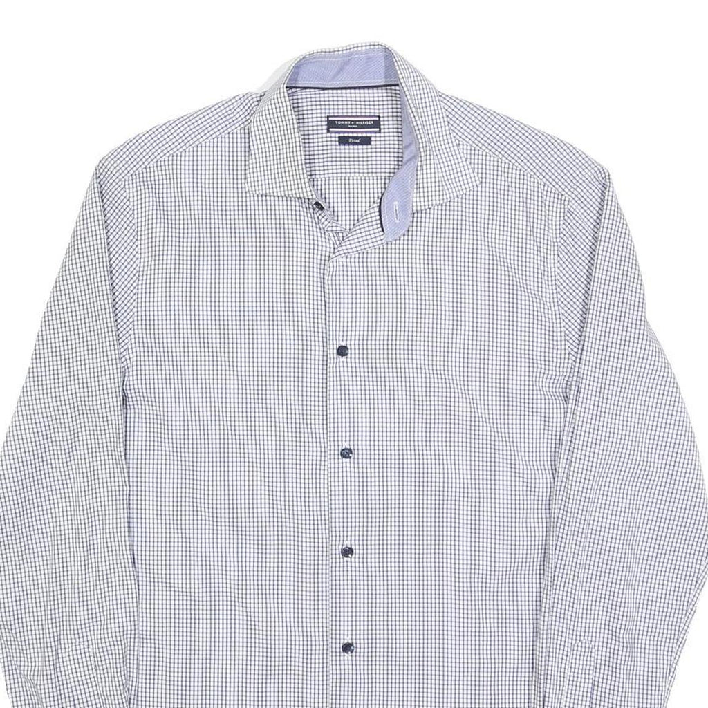 TOMMY HILFIGER Mens Blue & White Checked Shirt M Cotton Blend Classic Fit Smart